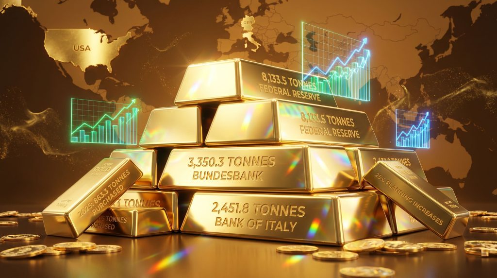 Gold bars representing central bank gold reserves.
