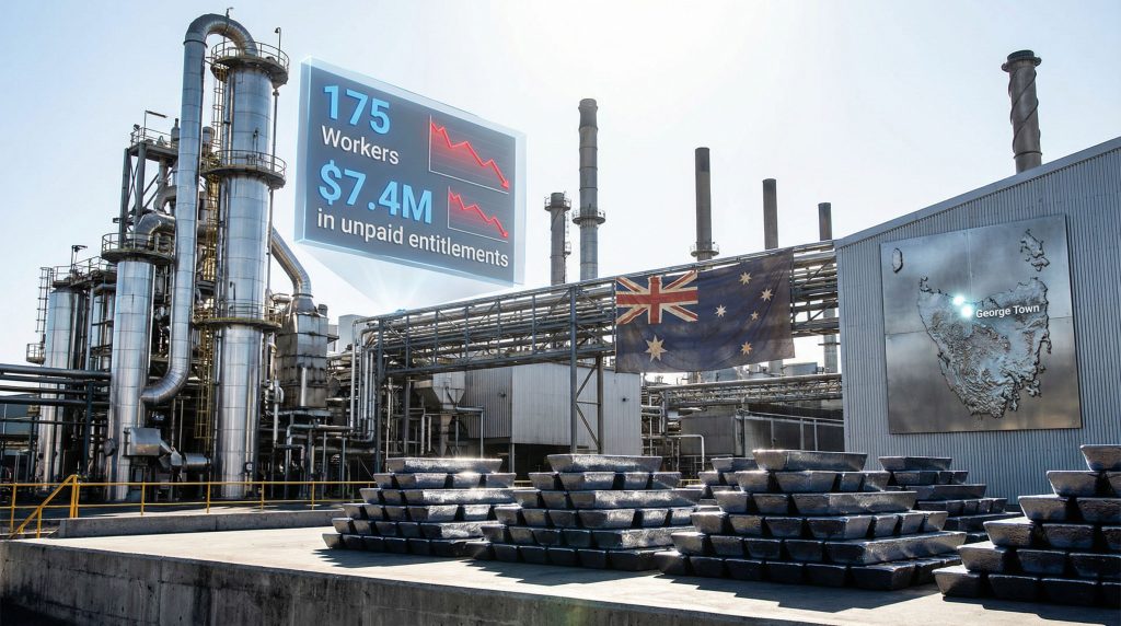 Industrial site highlights Liberty Bell Bay smelter workers layoffs.