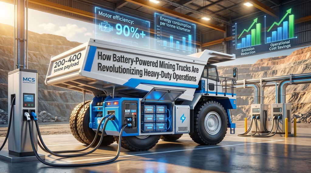 Battery-powered mining trucks charging at station.