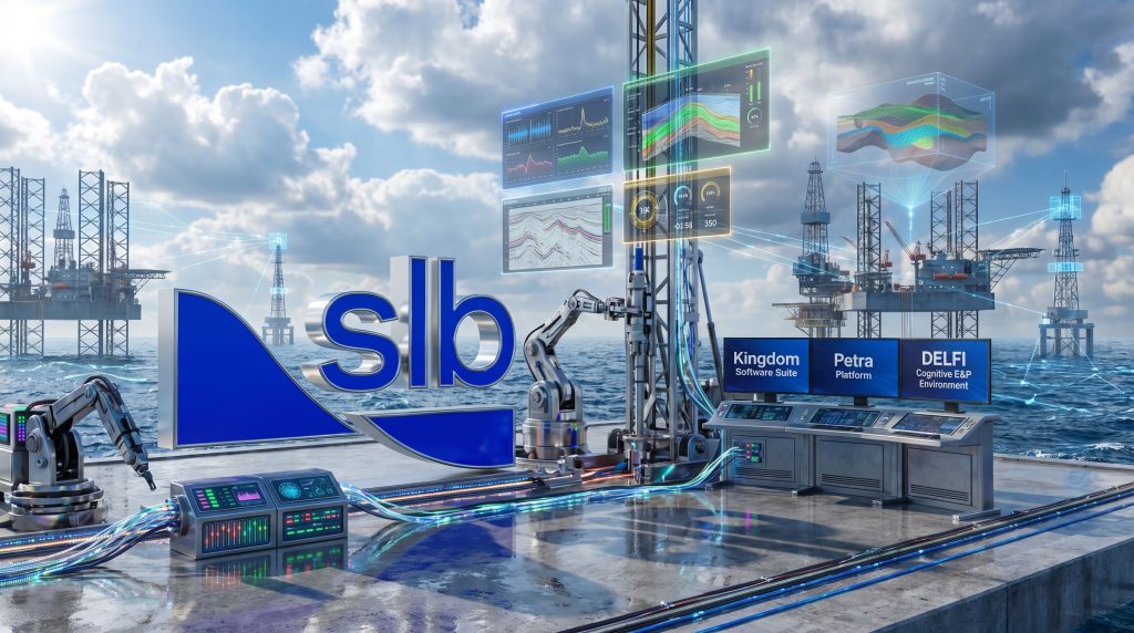 SLB acquisition visual with offshore platforms.