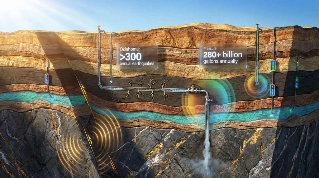 Illustration of fracking wastewater causing earthquakes.