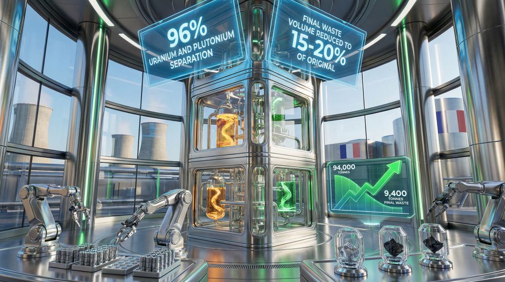 Futuristic lab illustrating nuclear fuel recycling.