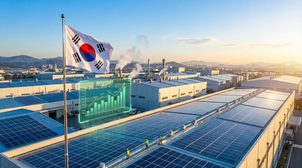 South Korea rooftop solar panels on factories.