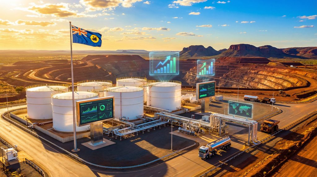 Fuel storage tanks with data displays.