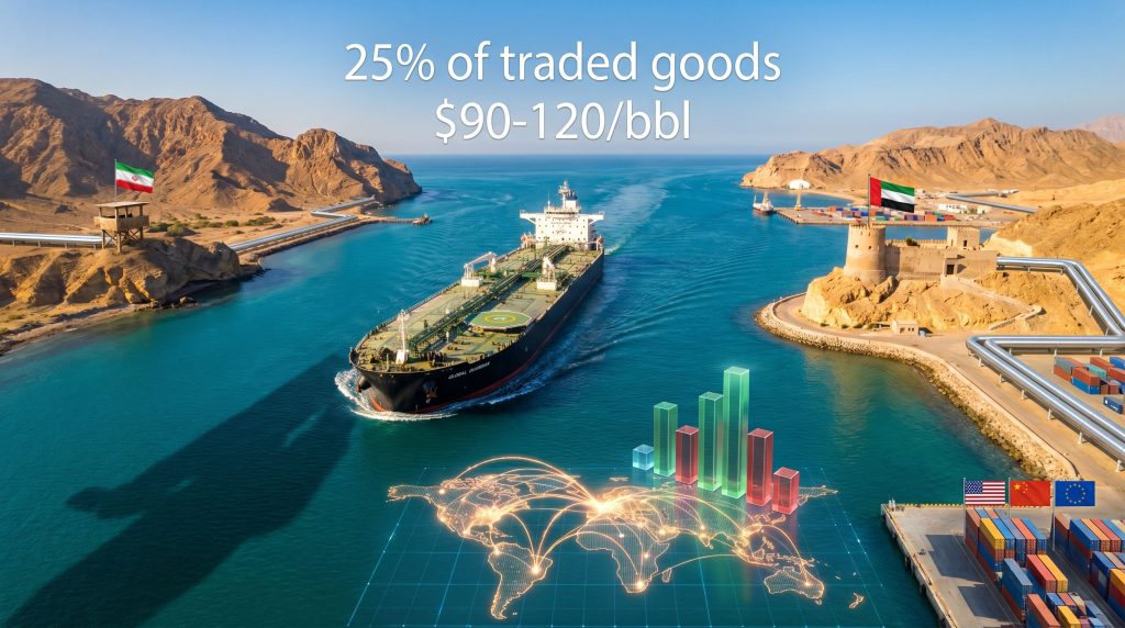 Strait of Hormuz oil disruption visualization.
