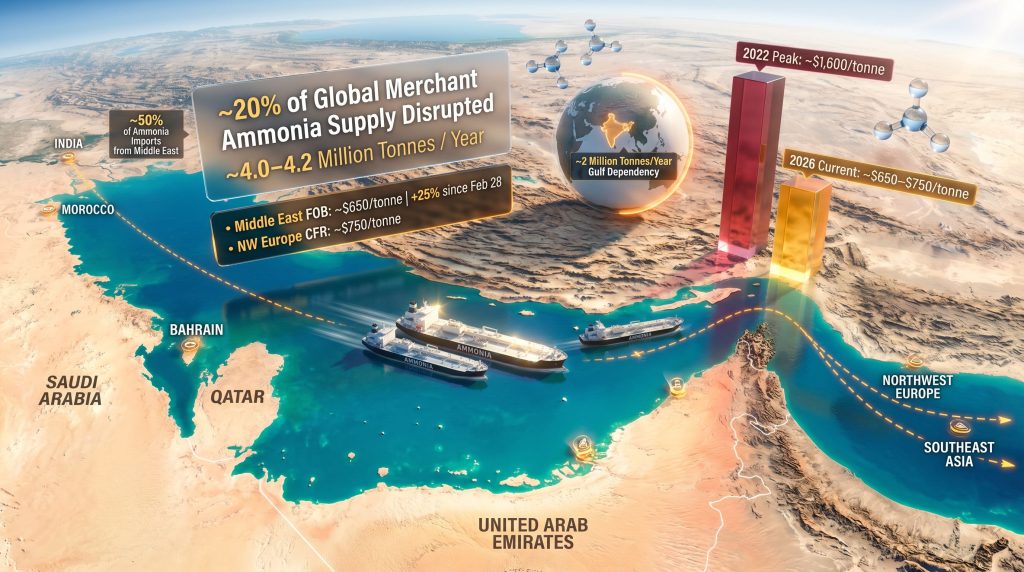ammonia market outlook and Middle East conflict infographic map