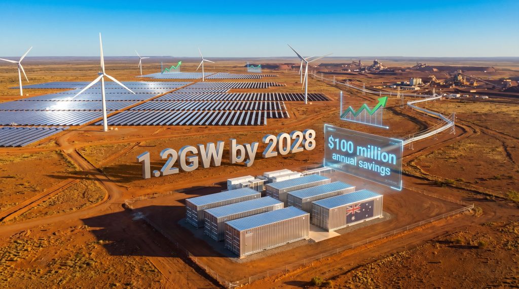Fortescue Pilbara green energy infrastructure with solar panels and wind turbines.