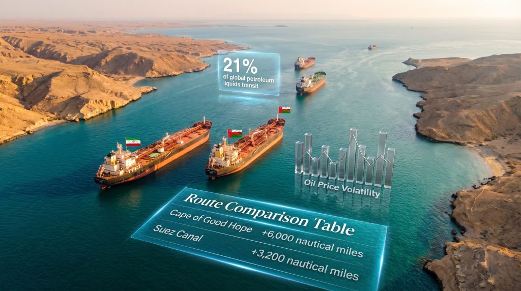 Tankers navigating critical Strait of Hormuz.