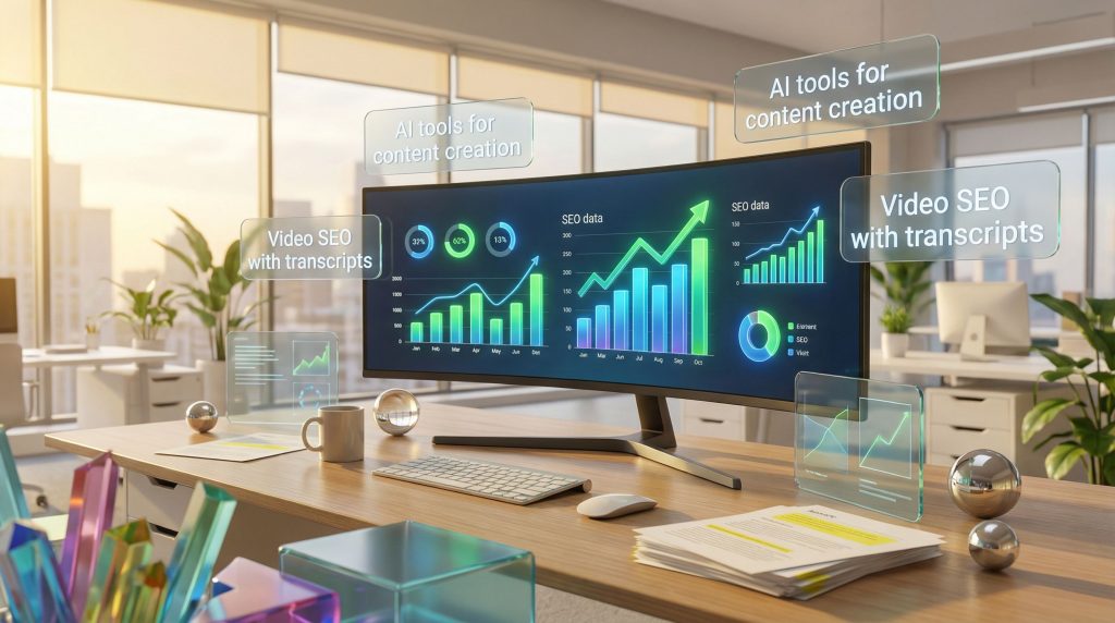 Modern office with video SEO tools.