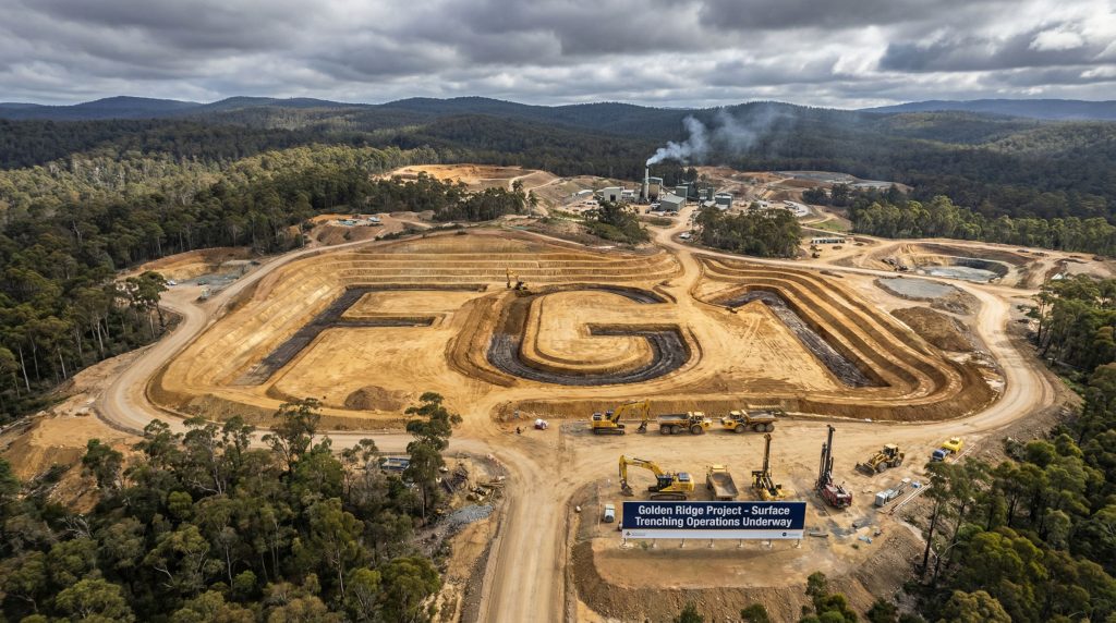 FLYNN Gold Ltd-FG1-Golden Ridge Project excavation site aerial view.