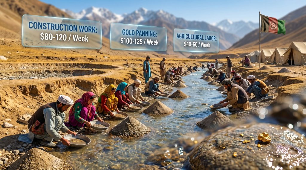 Afghan villagers panning for gold in stream.