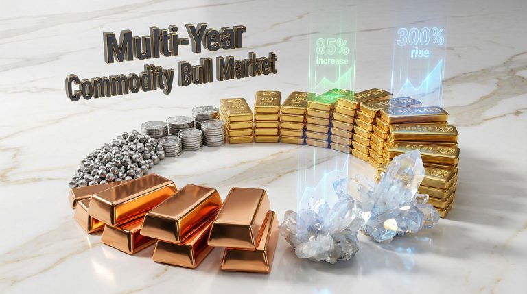 Commodities surge depicted with precious metals.