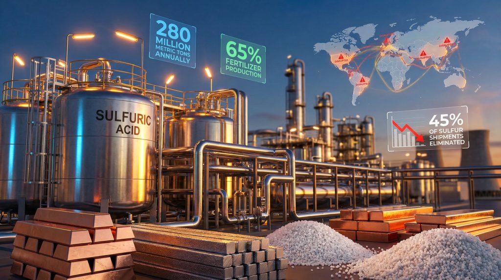 Industrial plant highlighting global sulfuric acid shortage.