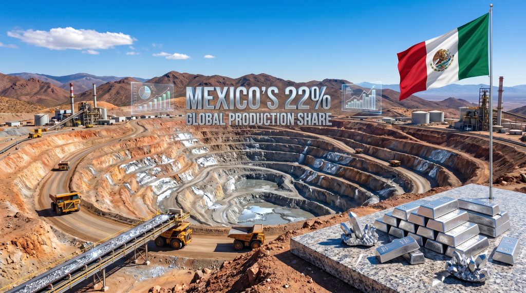Mexican silver mine with production statistics.