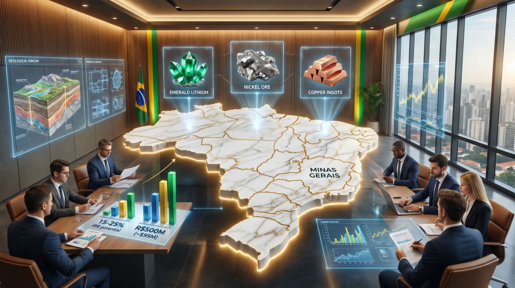 Business meeting analyzing critical minerals investment in Brazil.