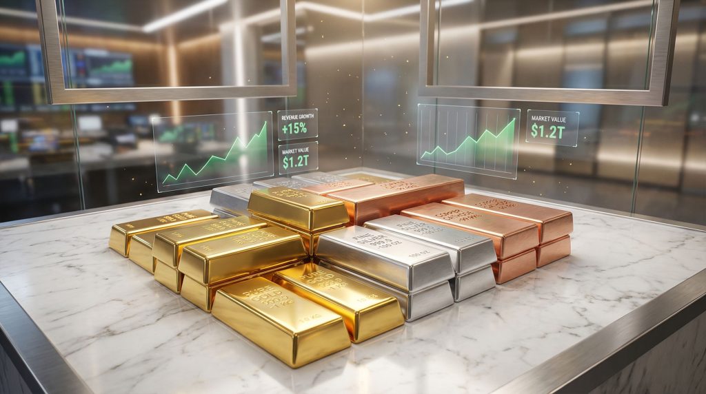 Gold bars and graphs; record revenue.