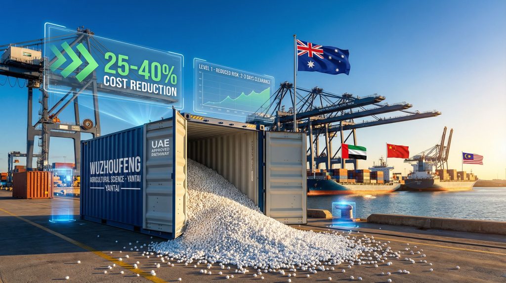 Shipping containers and flags at a port.