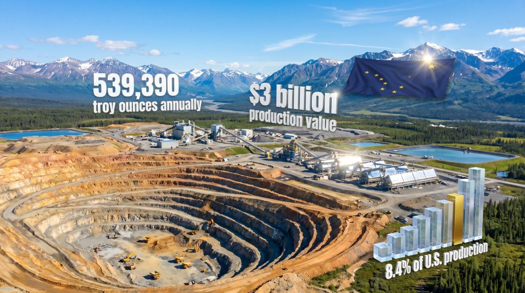 Alaska gold mining site with statistics.