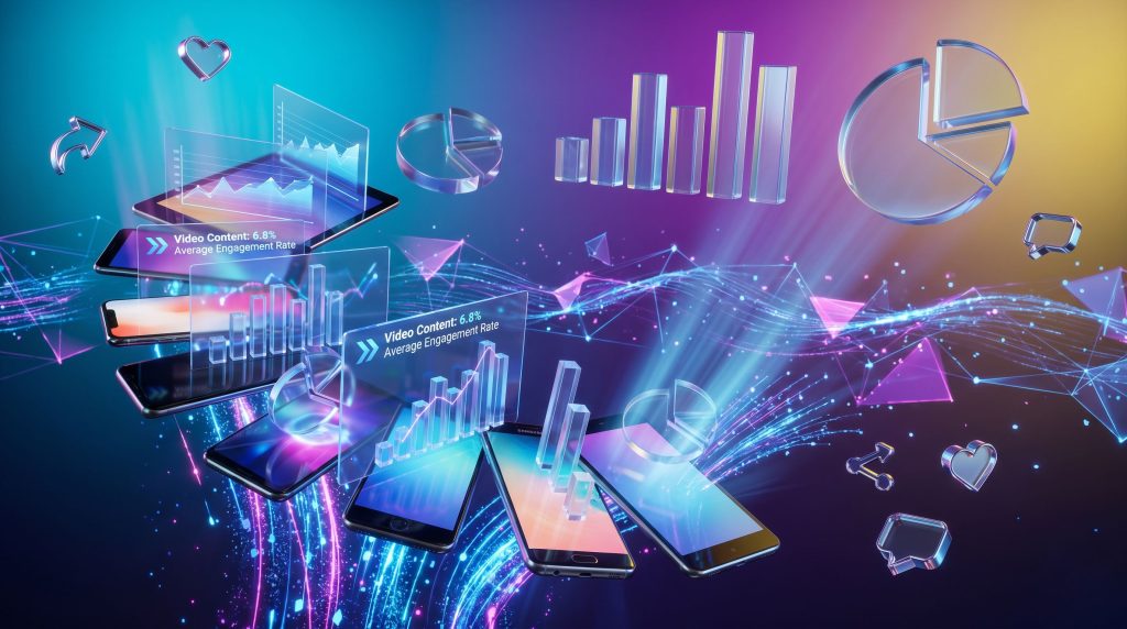 Digital engagement data visualized with devices.