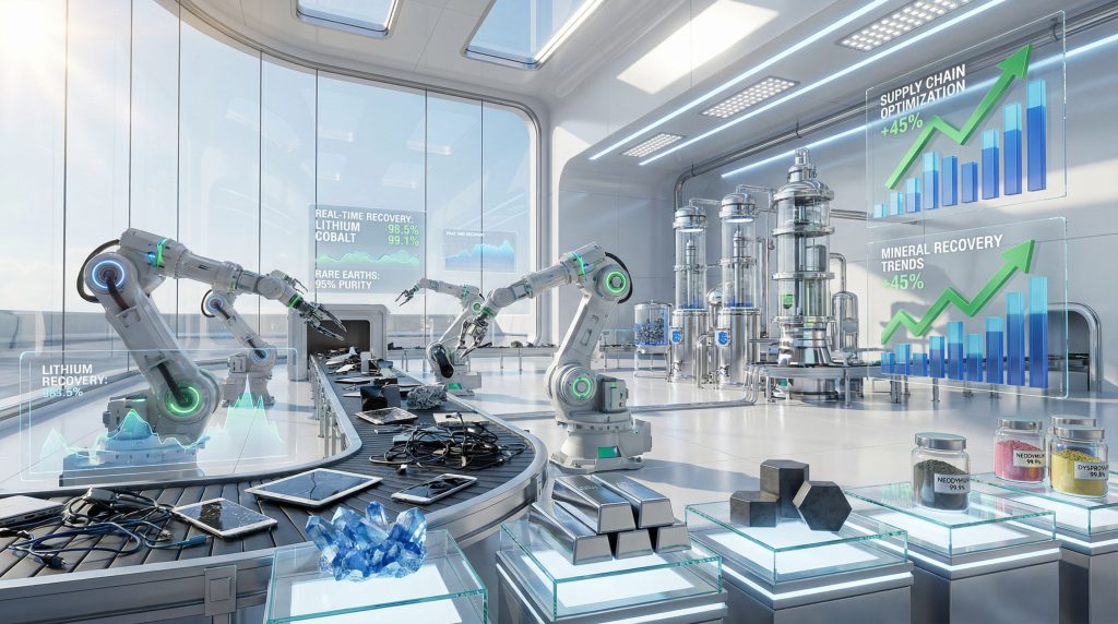 Futuristic lab with AI-driven recycling robots.
