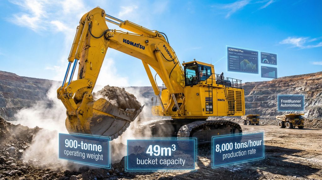 Komatsu PC9000-12 excavator operating in quarry.