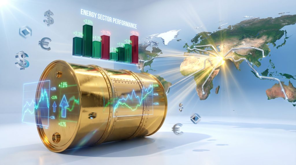 Golden oil barrel, market graphics, world map.