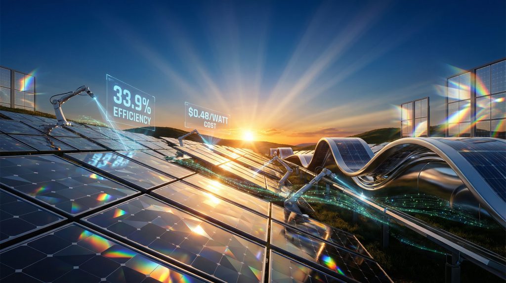 Futuristic solar panels harnessing sunlight efficiency.