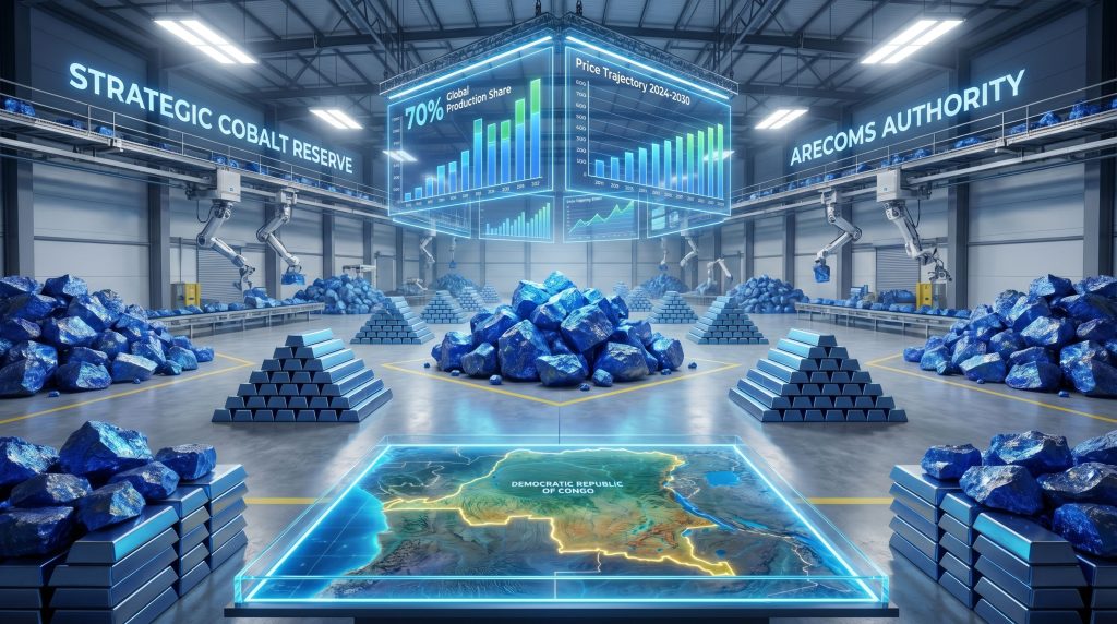 Congo strategic cobalt reserve in futuristic warehouse.