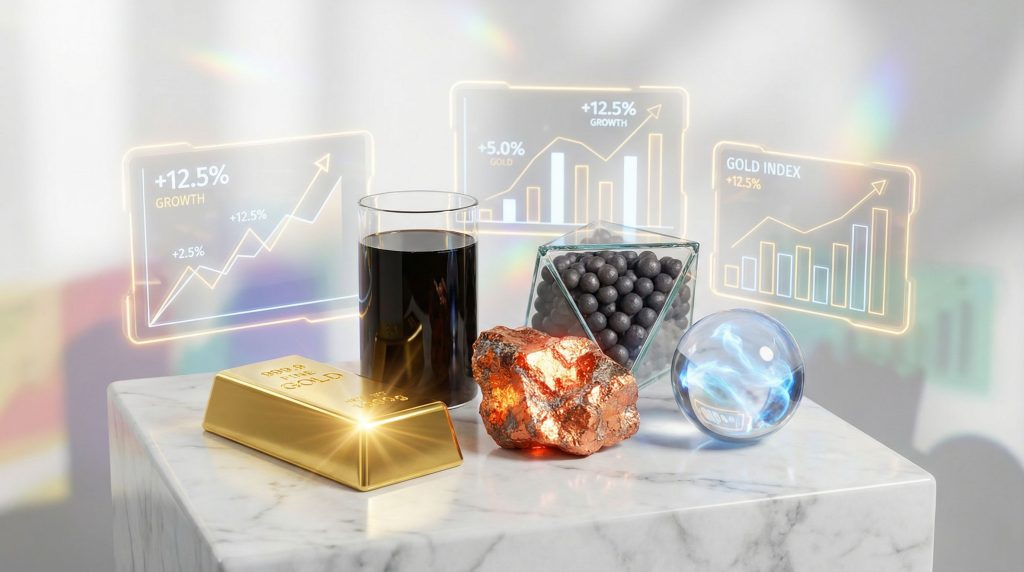Commodities investing visualization with growth charts.