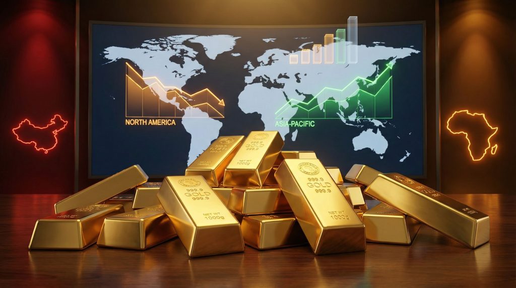 Gold bars with declining output trend.