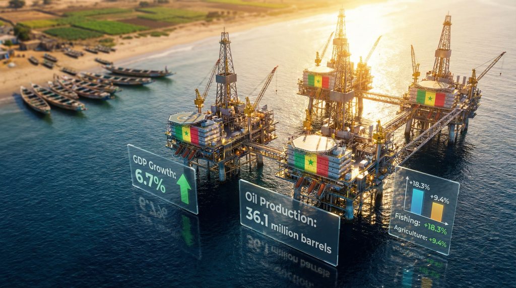 Offshore oil platforms boost Senegal GDP.