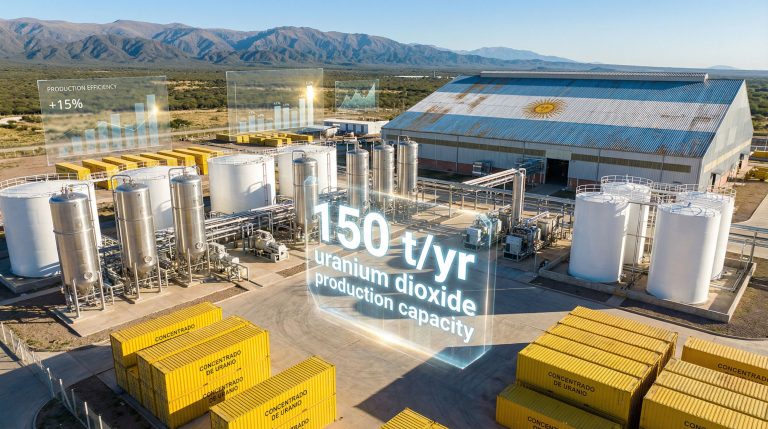 Modern uranium plant in Argentina landscape.