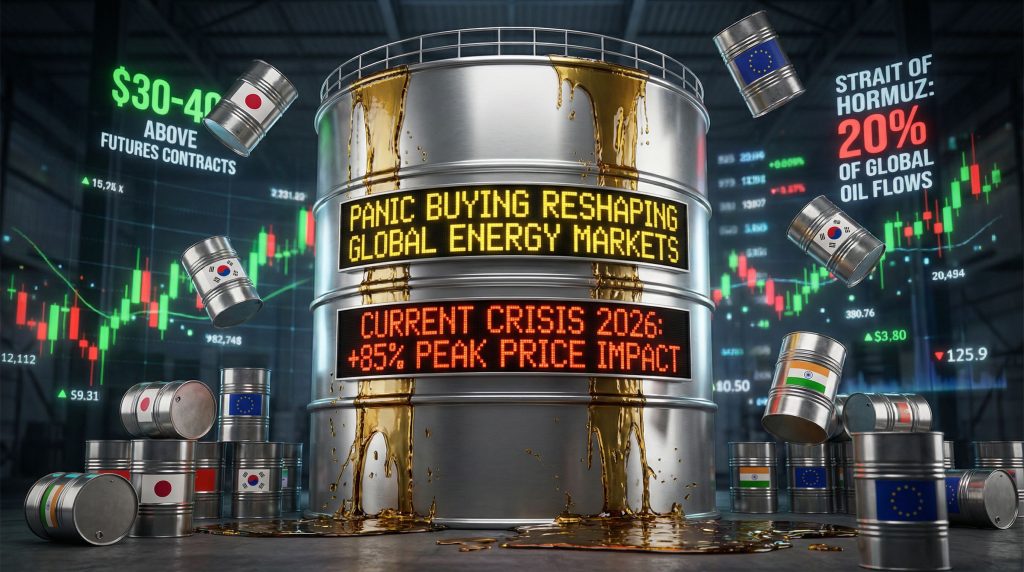 Oil barrels symbolize panic buying surge.