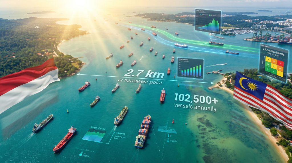 Malacca Strait chokepoint highlighted with shipping data.