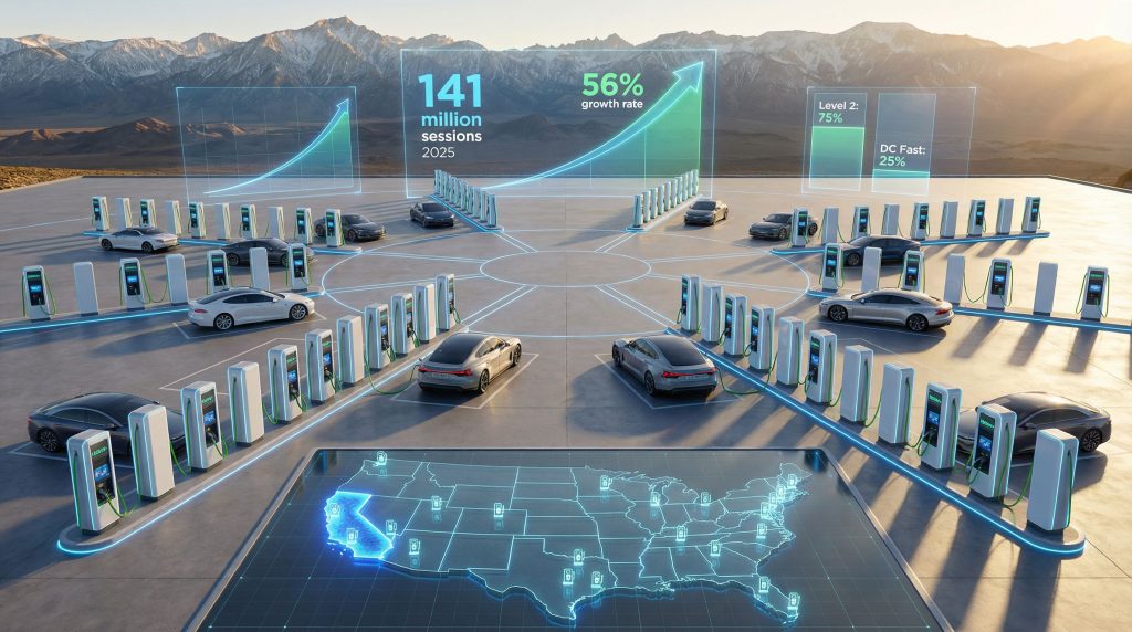 Futuristic electric vehicle charging network expansion.
