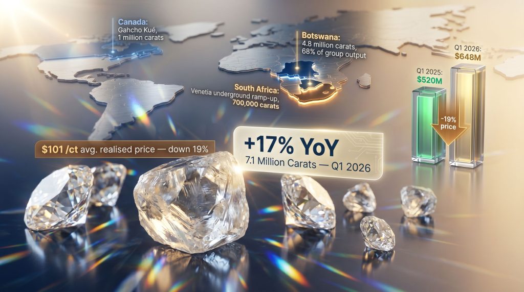De Beers rough diamond production up 17% infographic