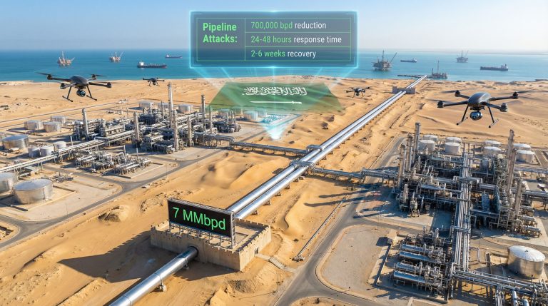 Drones monitoring Saudi energy infrastructure threats.