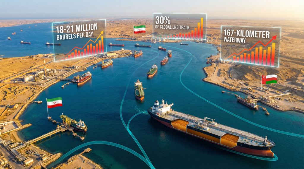 Aerial view of Strait of Hormuz shipping.