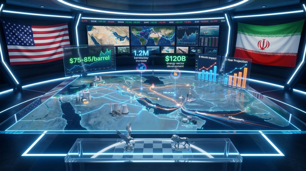 US Iran relations: futuristic economic analysis display.