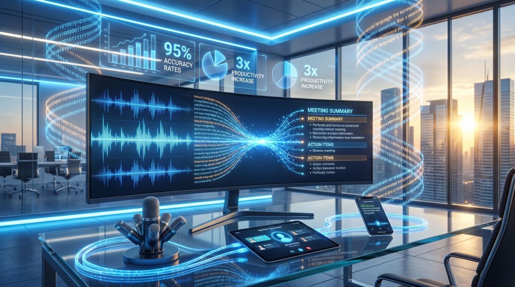 Futuristic office showcasing advanced AI technology.