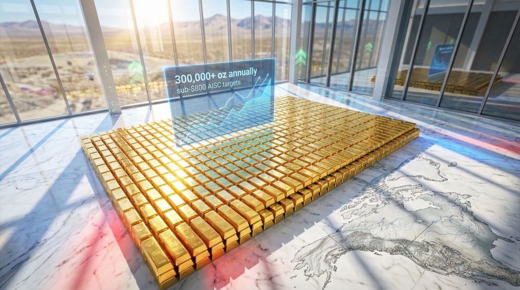 Barrick shifts focus; gold bars and charts.