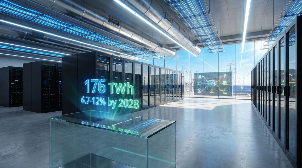 Data center representing AI and energy demand.