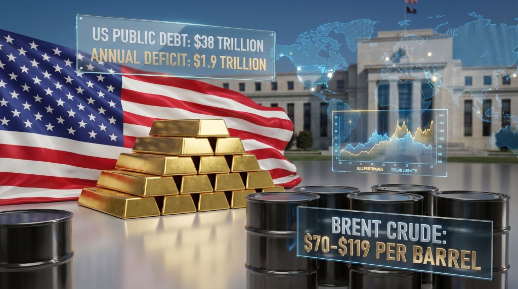 Gold bars, oil barrels, US economic data.