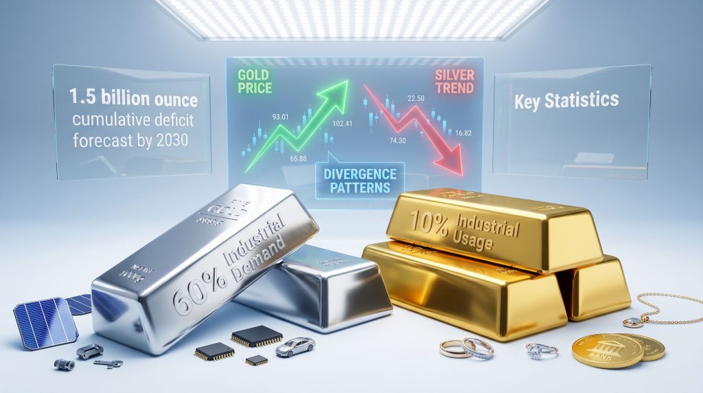 Silver falls as gold rises, divergence patterns.