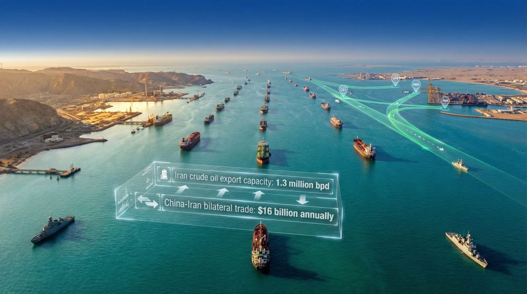 Ships blocking Iranian port, strategic routes.