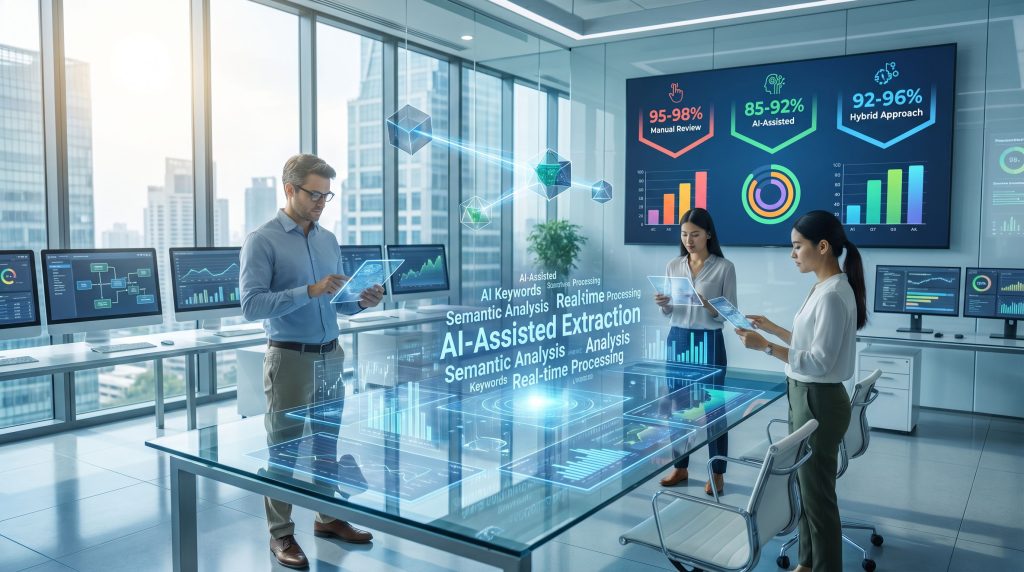 People analyzing data with AI technology.