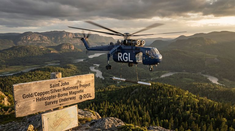 Riversgold Ltd-RGL-Helicopter conducting aerial survey over valley.