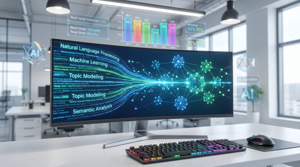 AI workspace with data visualization charts.