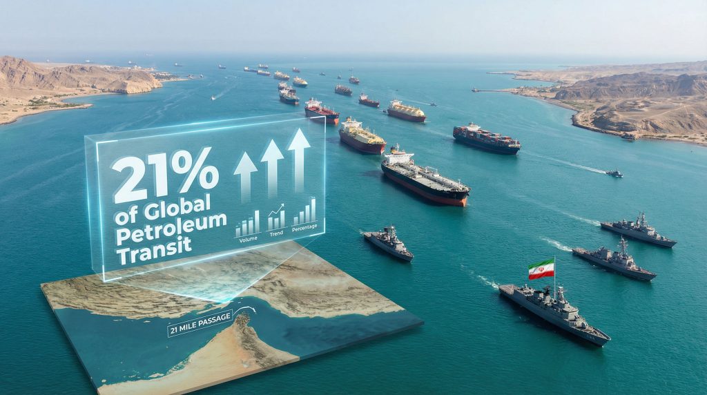Ships navigating Strait of Hormuz blockade.