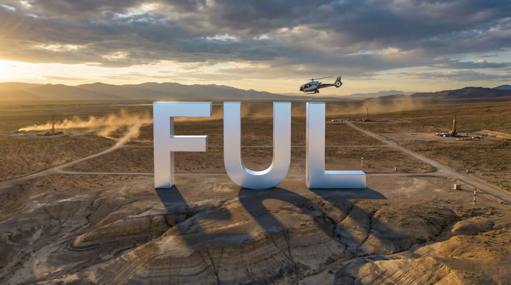 Fulcrum Lithium Ltd-FUL-Futuristic landscape with helicopter and letters.